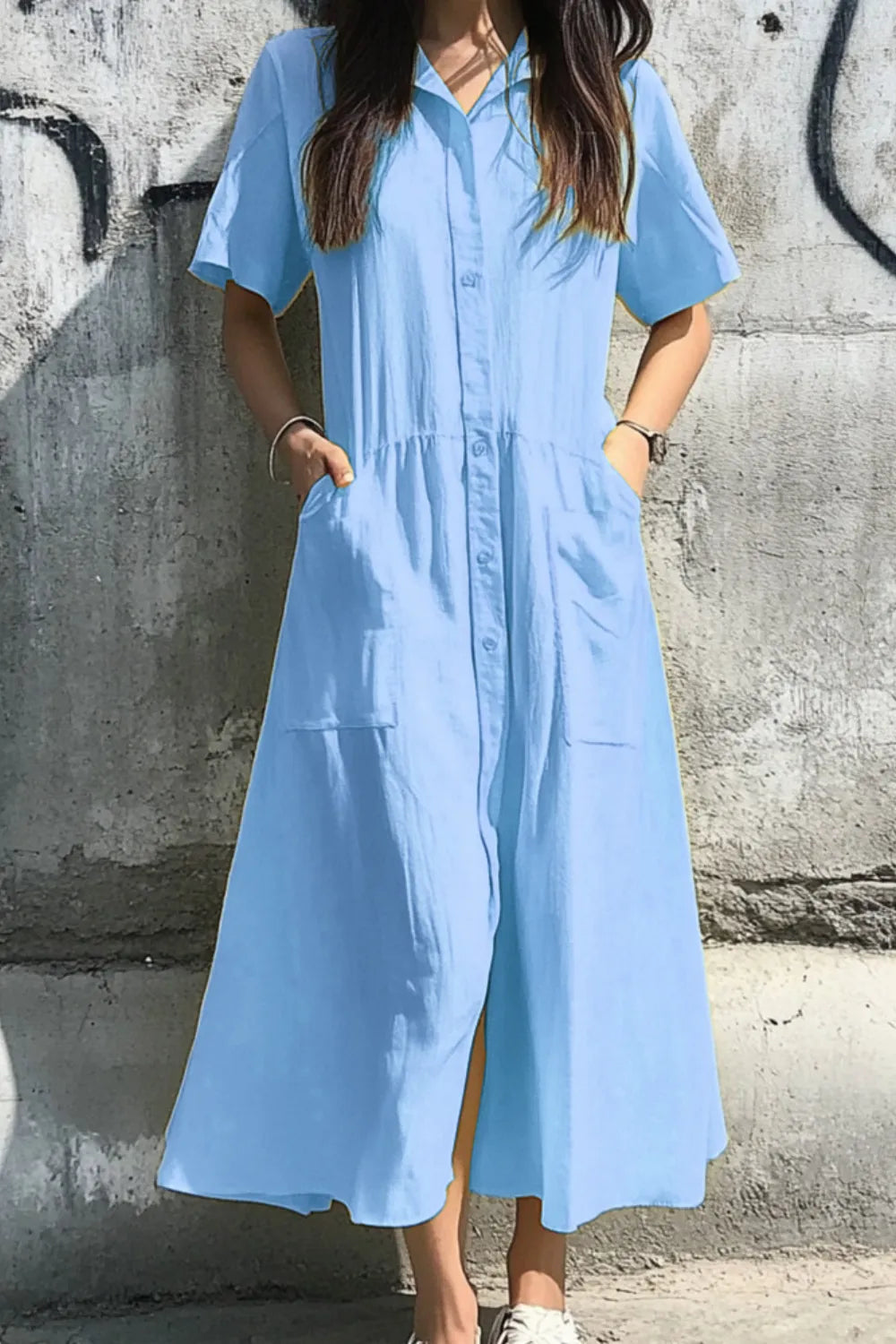 Button Front Short Sleeve Midi Dress - Sky Blue