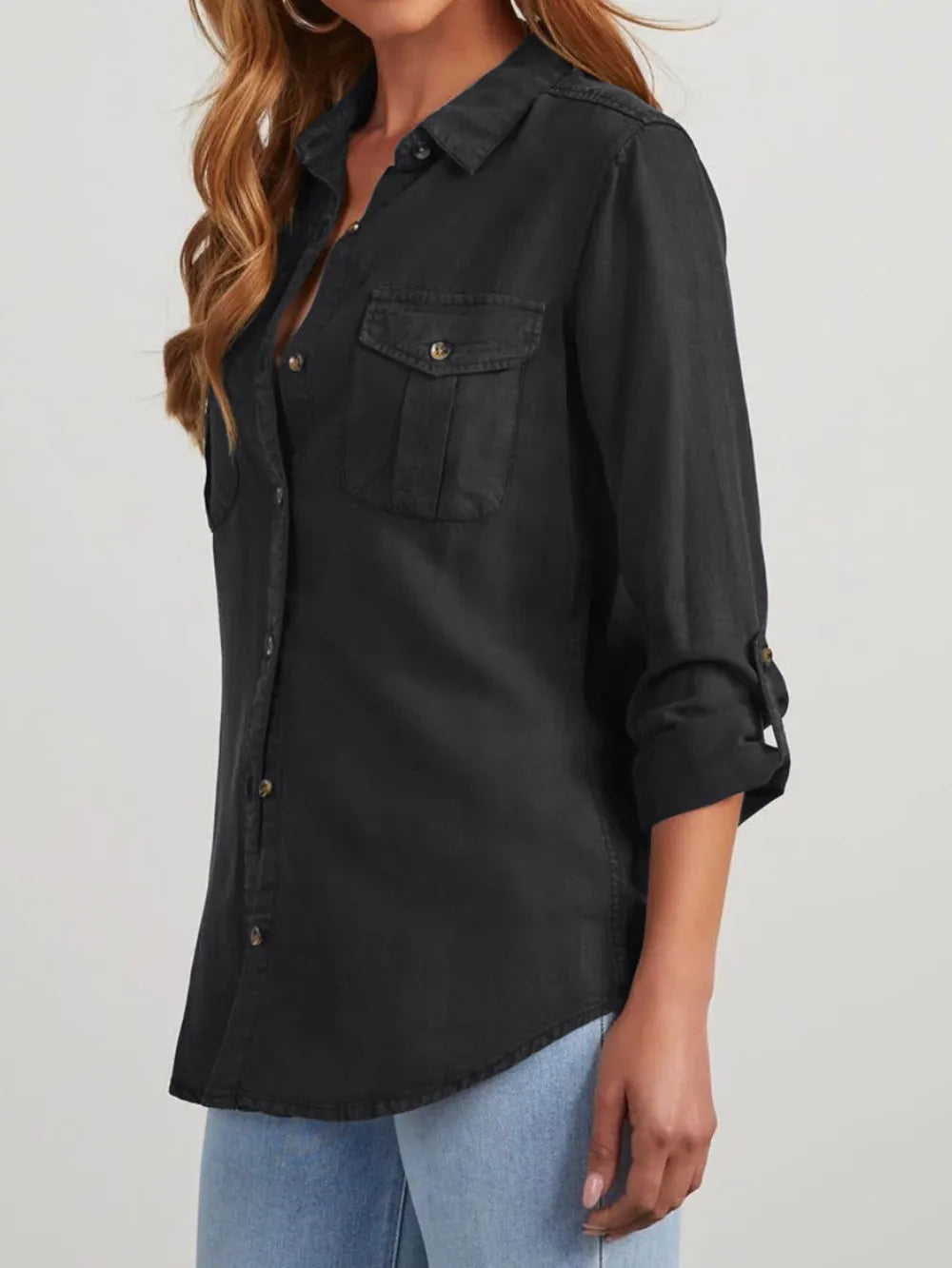 Collared Neck Roll-Tab Sleeve Denim Top -