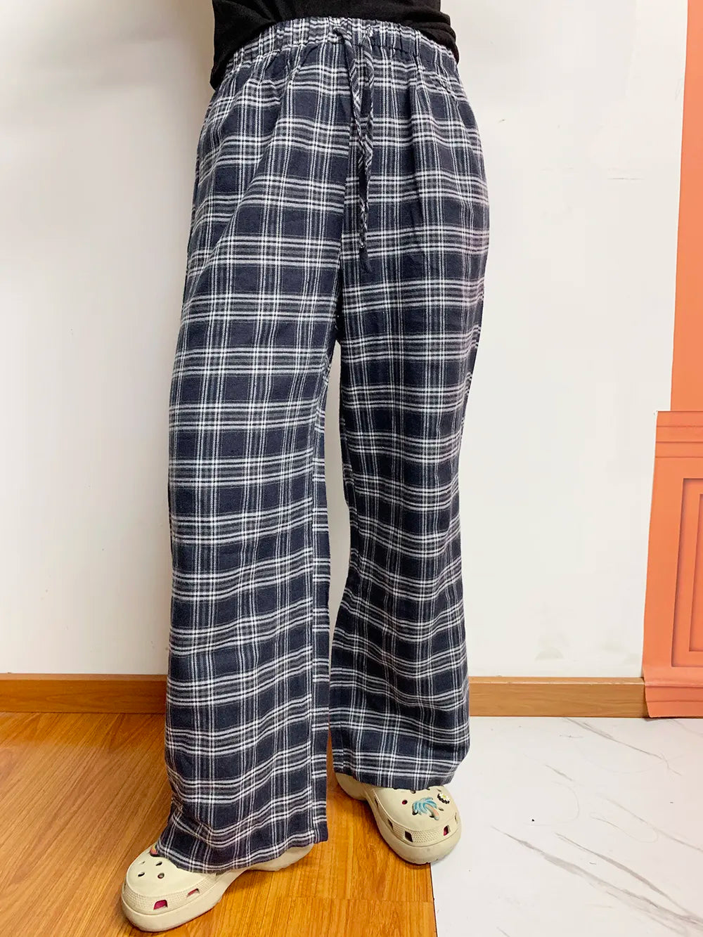 Plaid Drawstring Wide Leg Pants -