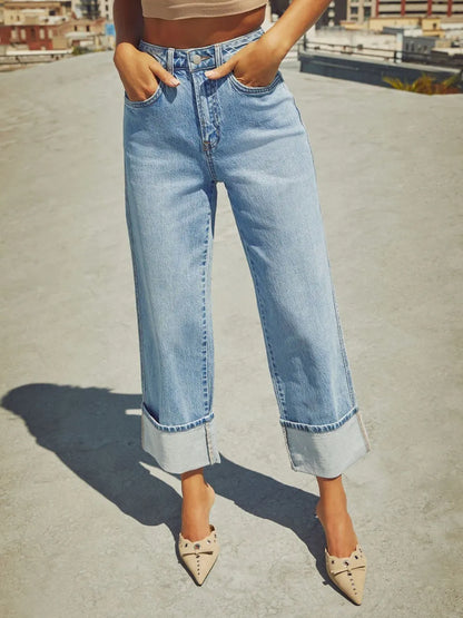 High Waisted Straight Leg Rolled Jeans -
