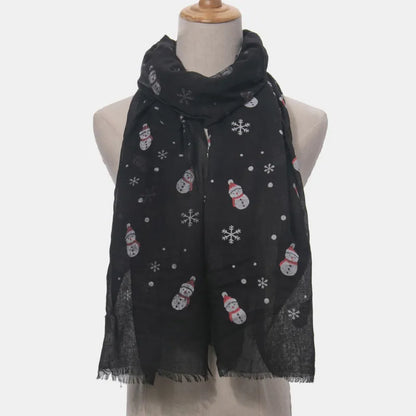 Fringe Snowman Polyester Scarf - Black One Size
