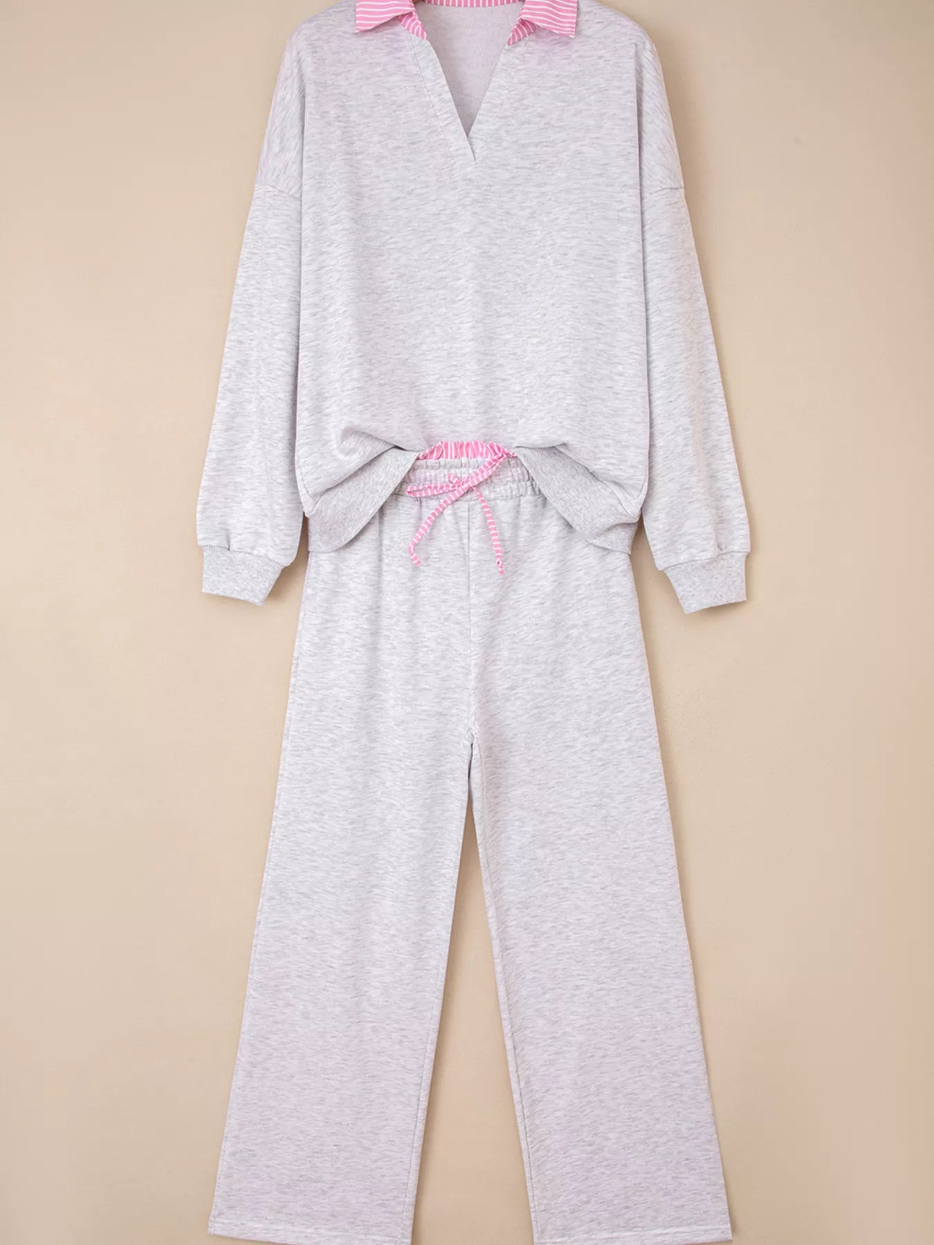 Contrasted Trim Collar Drop Shoulder Top and Pant Set -