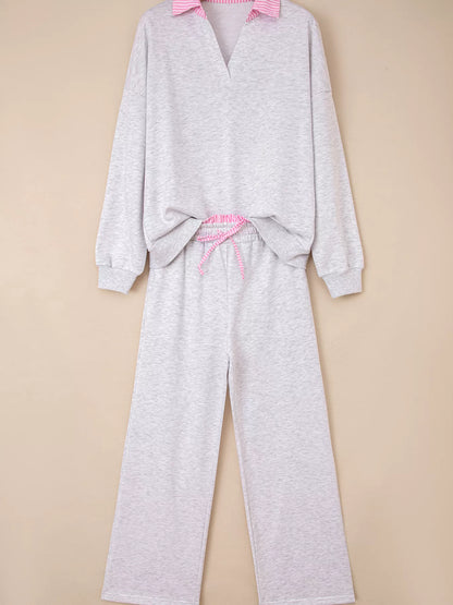 Contrasted Trim Collar Drop Shoulder Top and Pant Set -