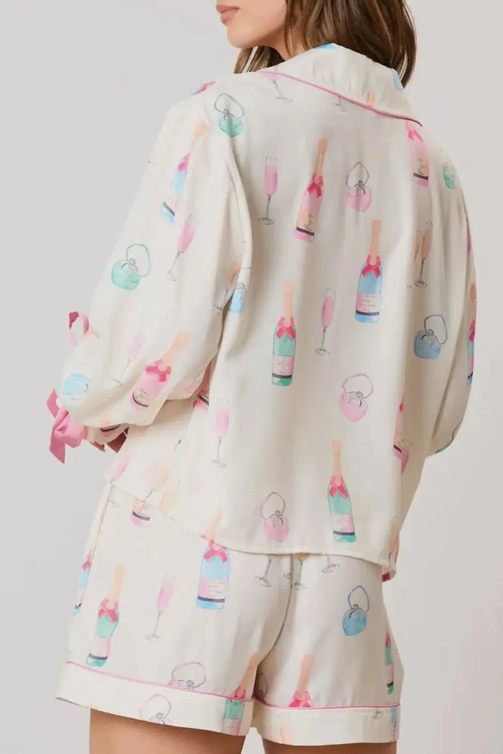 Bow Printed Collared Neck Top and Shorts Lounge Set -