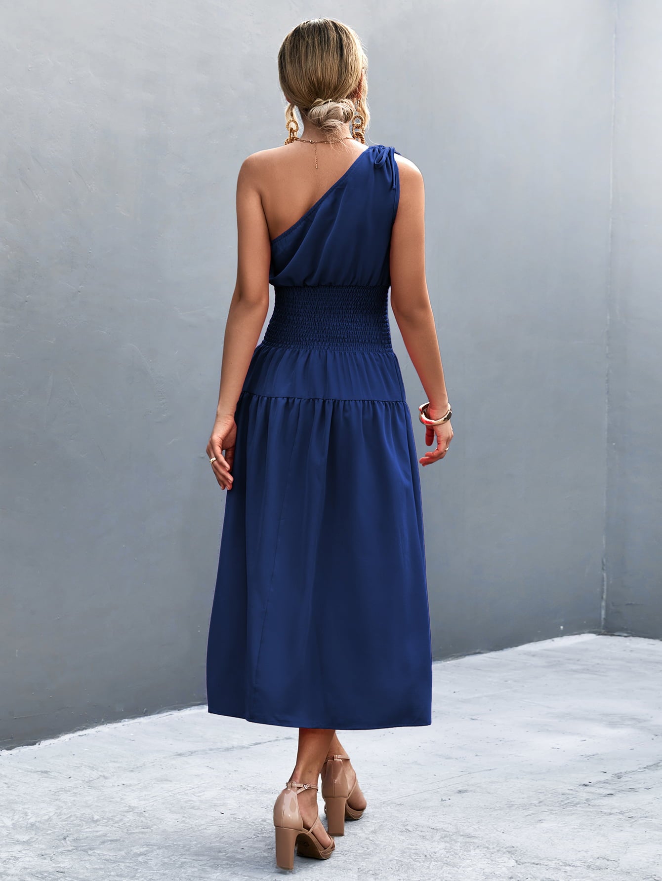 Asymmetrical One Shoulder Smocked Waist Midi Dress | AdoreStarr
