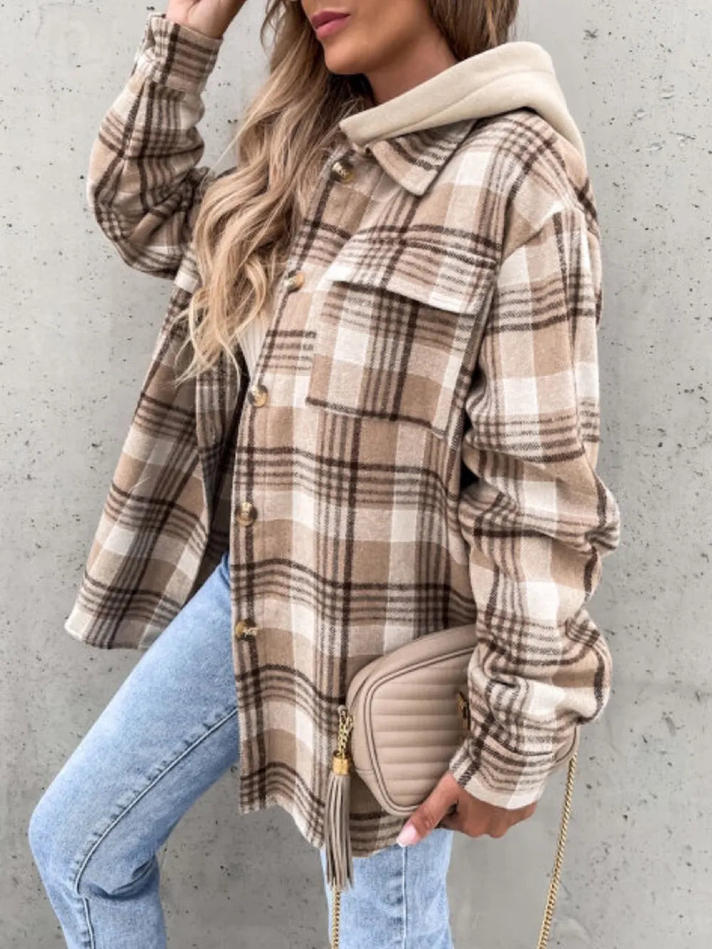 Plaid Button Up Jacket - Camel