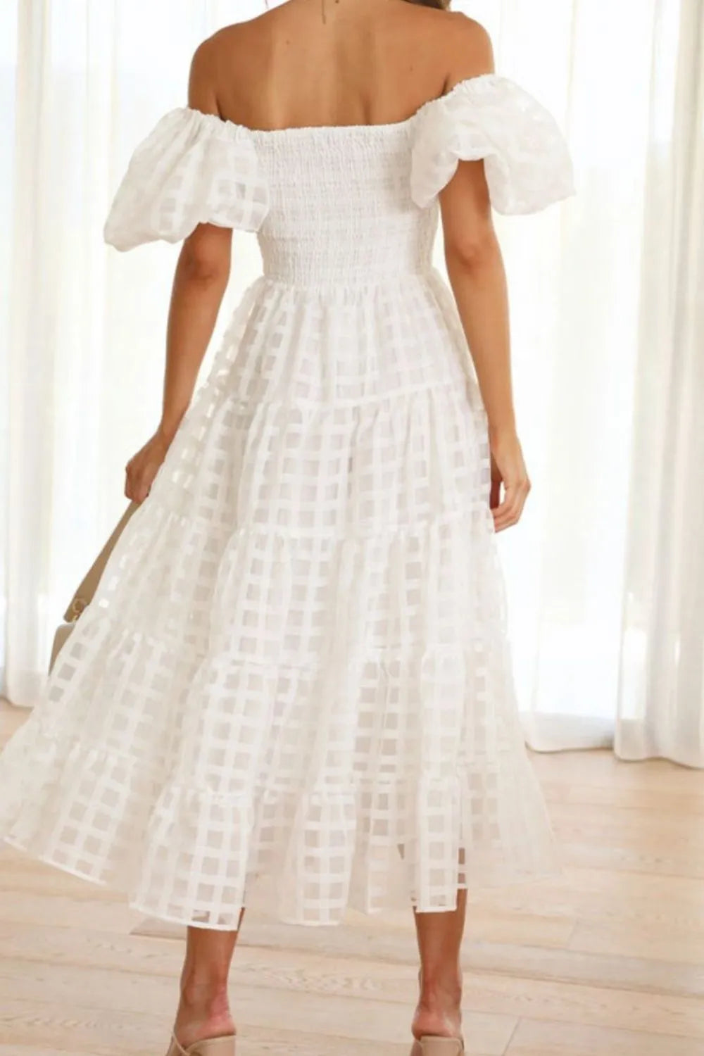 Off Shoulder Short Puff Sleeve Midi Dress -