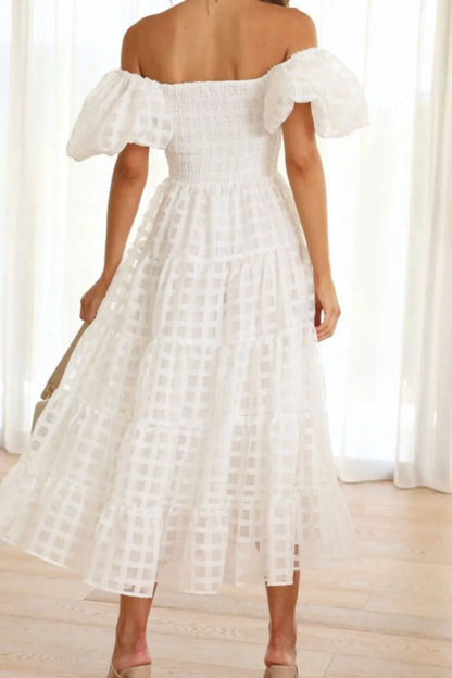 Off Shoulder Short Puff Sleeve Midi Dress -