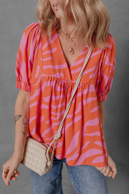 Zebra Stripe Print Ruched Cuff Half Sleeve Blouse -