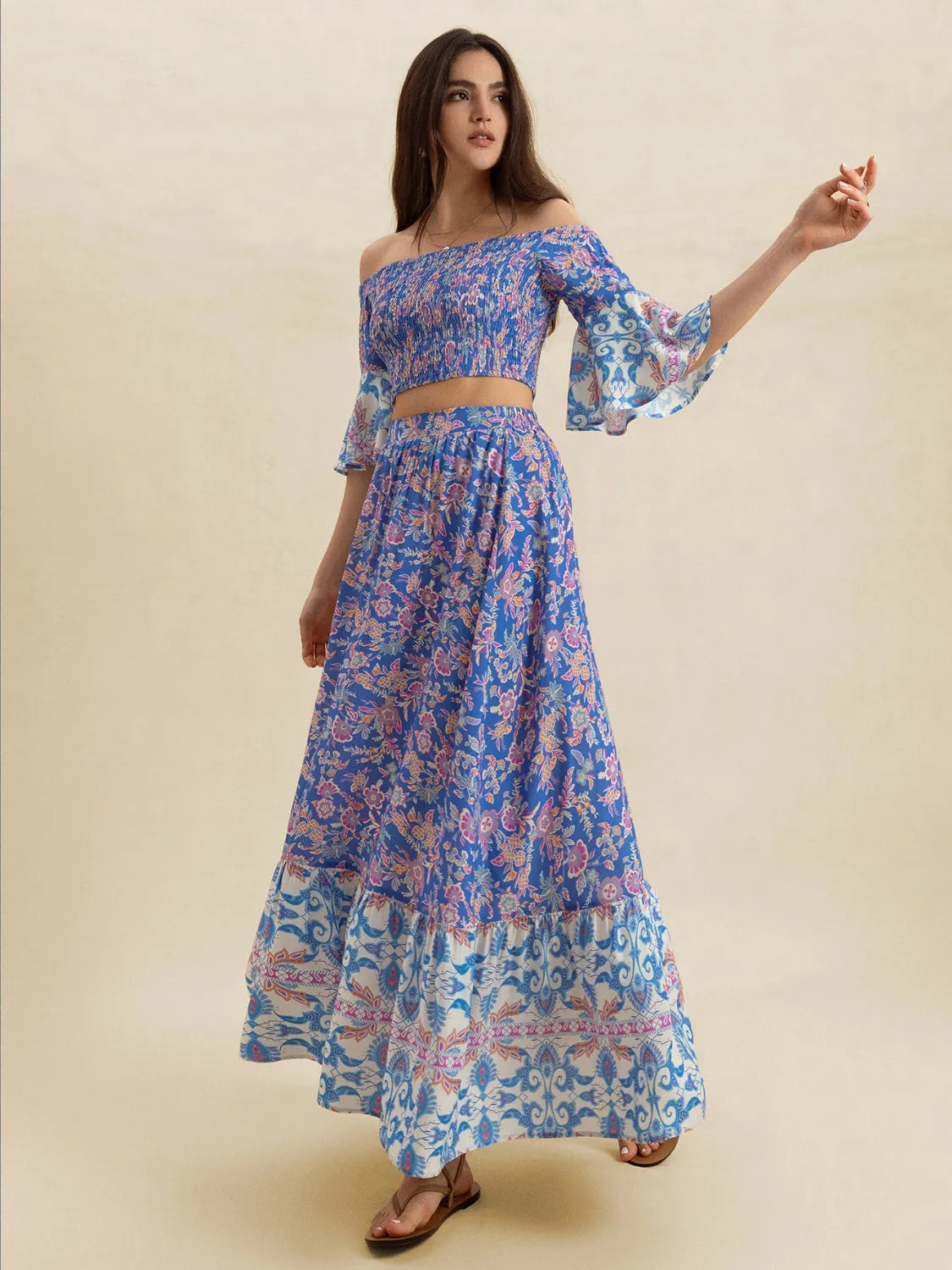 Smocked Off-Shoulder Printed Top and Skirt Set - Blue Purple