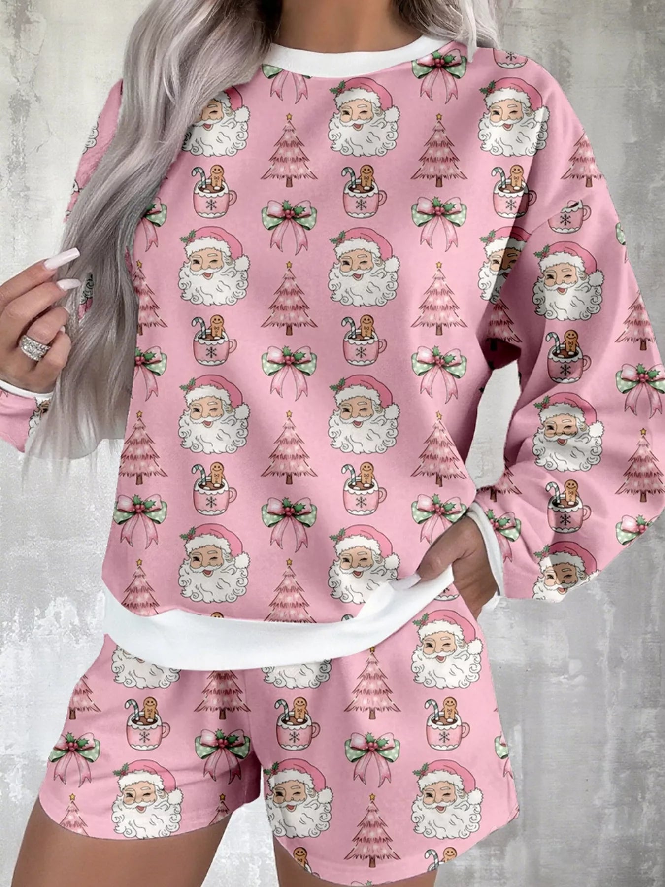Santa Print Round Neck Top and Shorts Lounge Set -