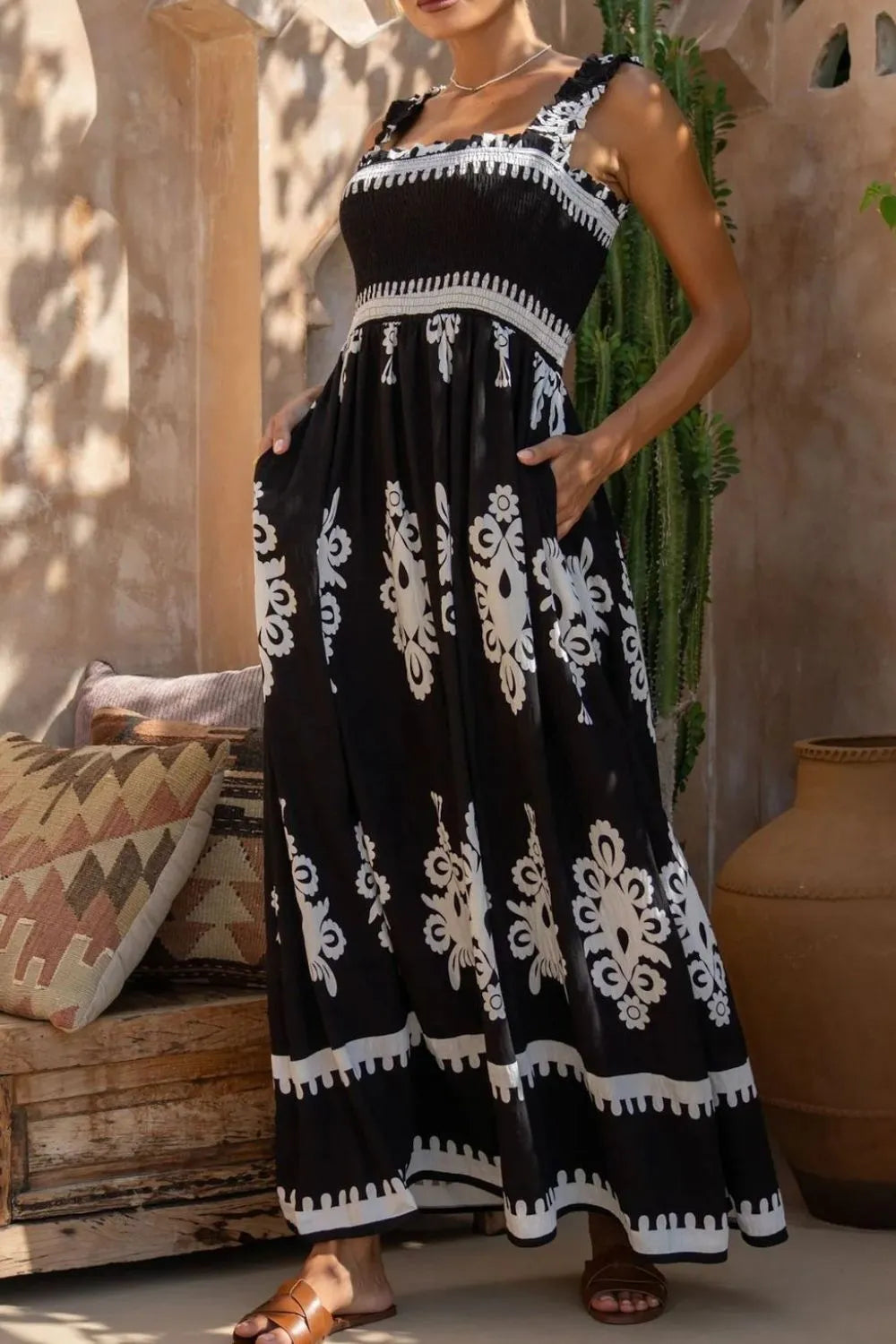 Printed Square Neck Cami Dress - Black