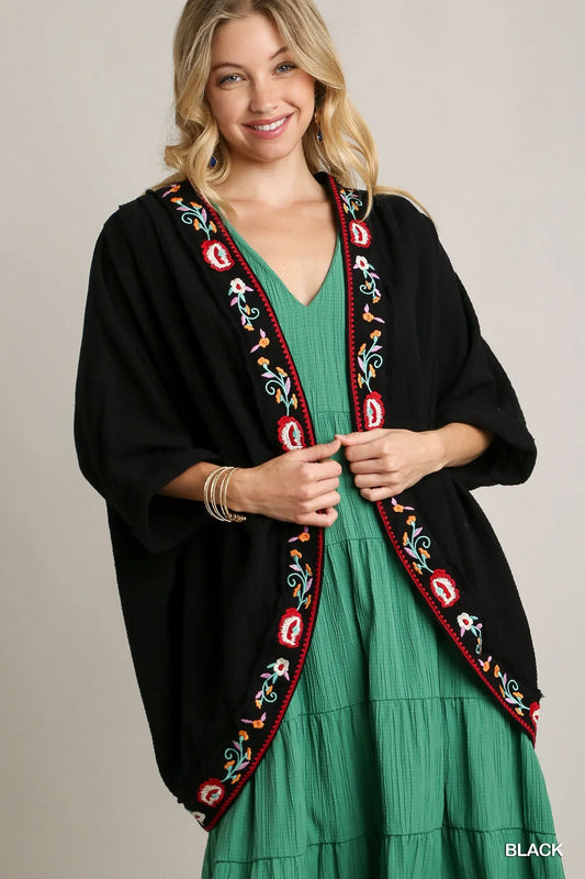 Embroidery Open Front Kimono with Pleated Shoulder Detail - Black