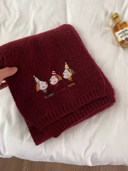 Embroidered Dog Plush Scarf - Dark Red One Size