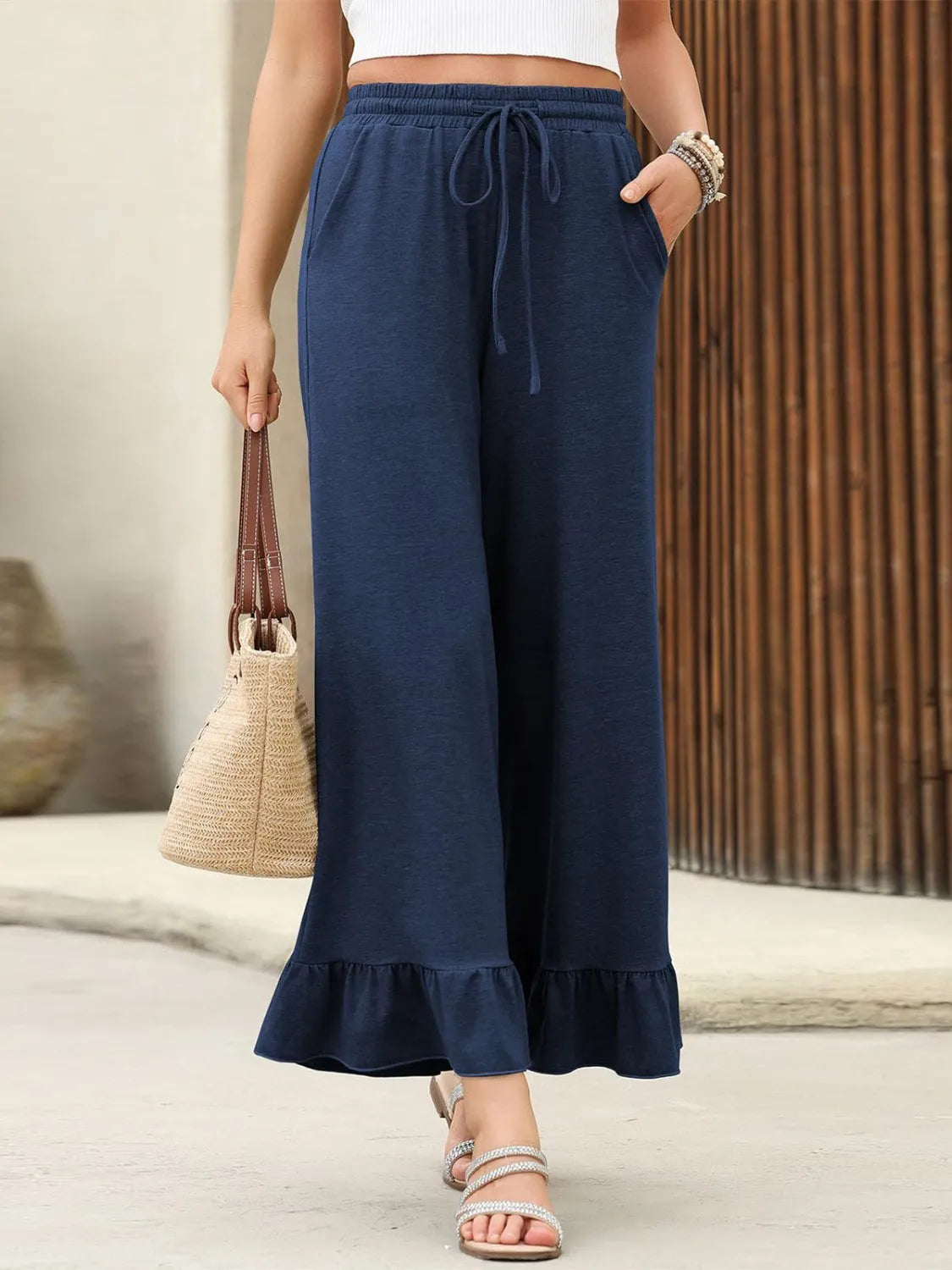 Ruffled Hem Wide Leg Pants - Dark Blue