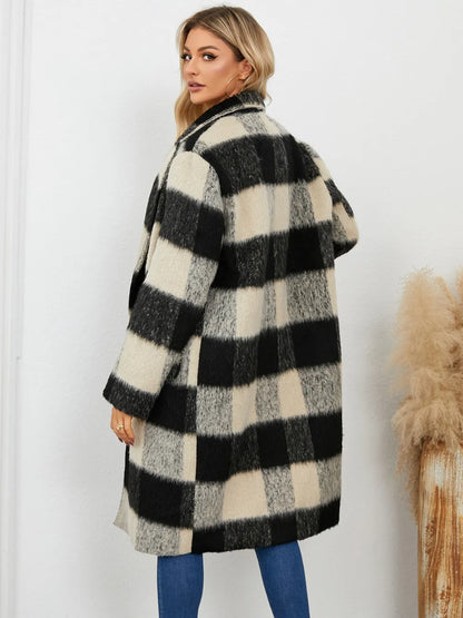 Plaid Double-Breasted Long Sleeve Coat - Black