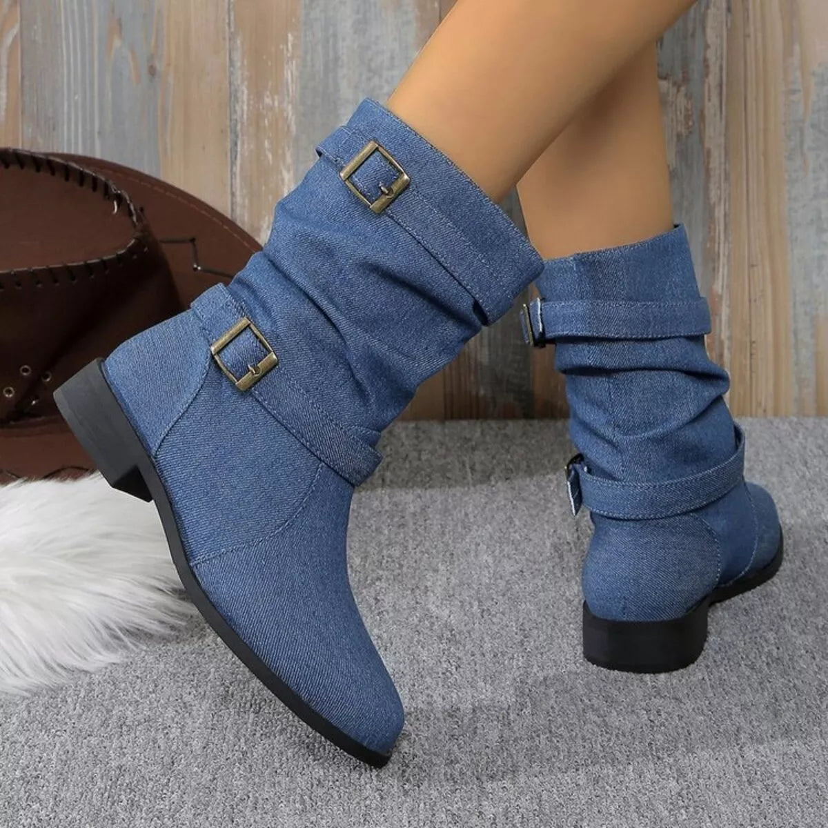 Buckle Accent Block Heel Boots -