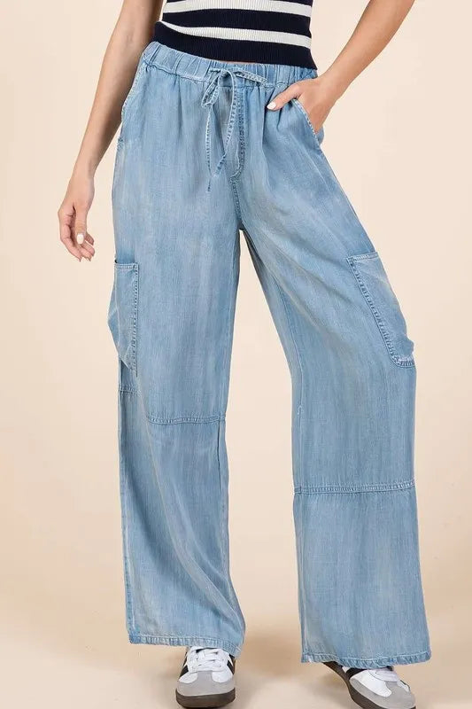 Washed Elastic Waist Cargo Wide Leg Pants - Light Denim
