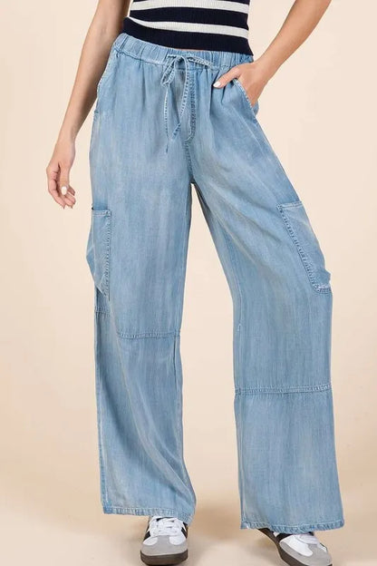 Washed Elastic Waist Cargo Wide Leg Pants - Light Denim