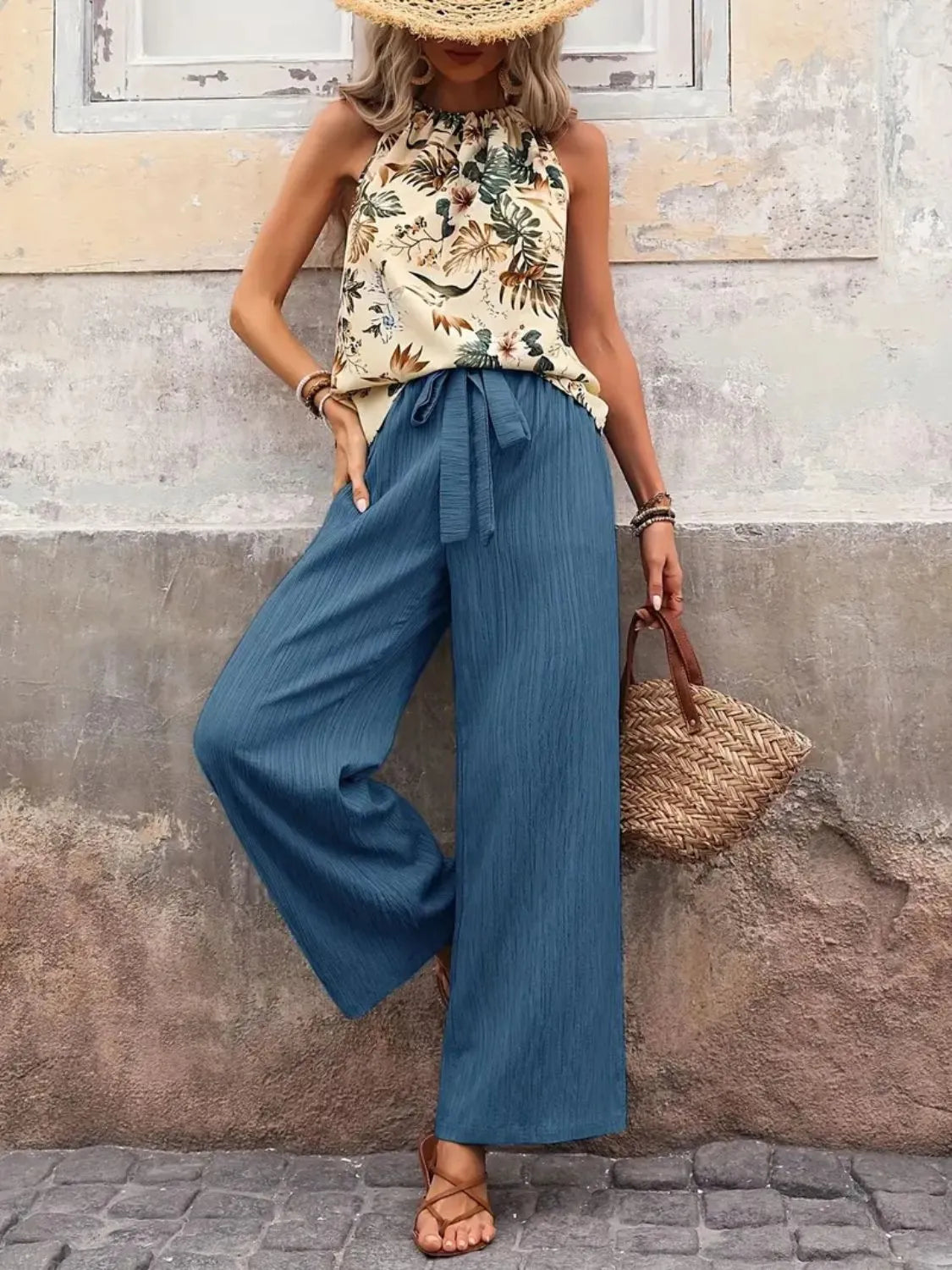 Printed Tank Top and Wide Leg Pants Set -