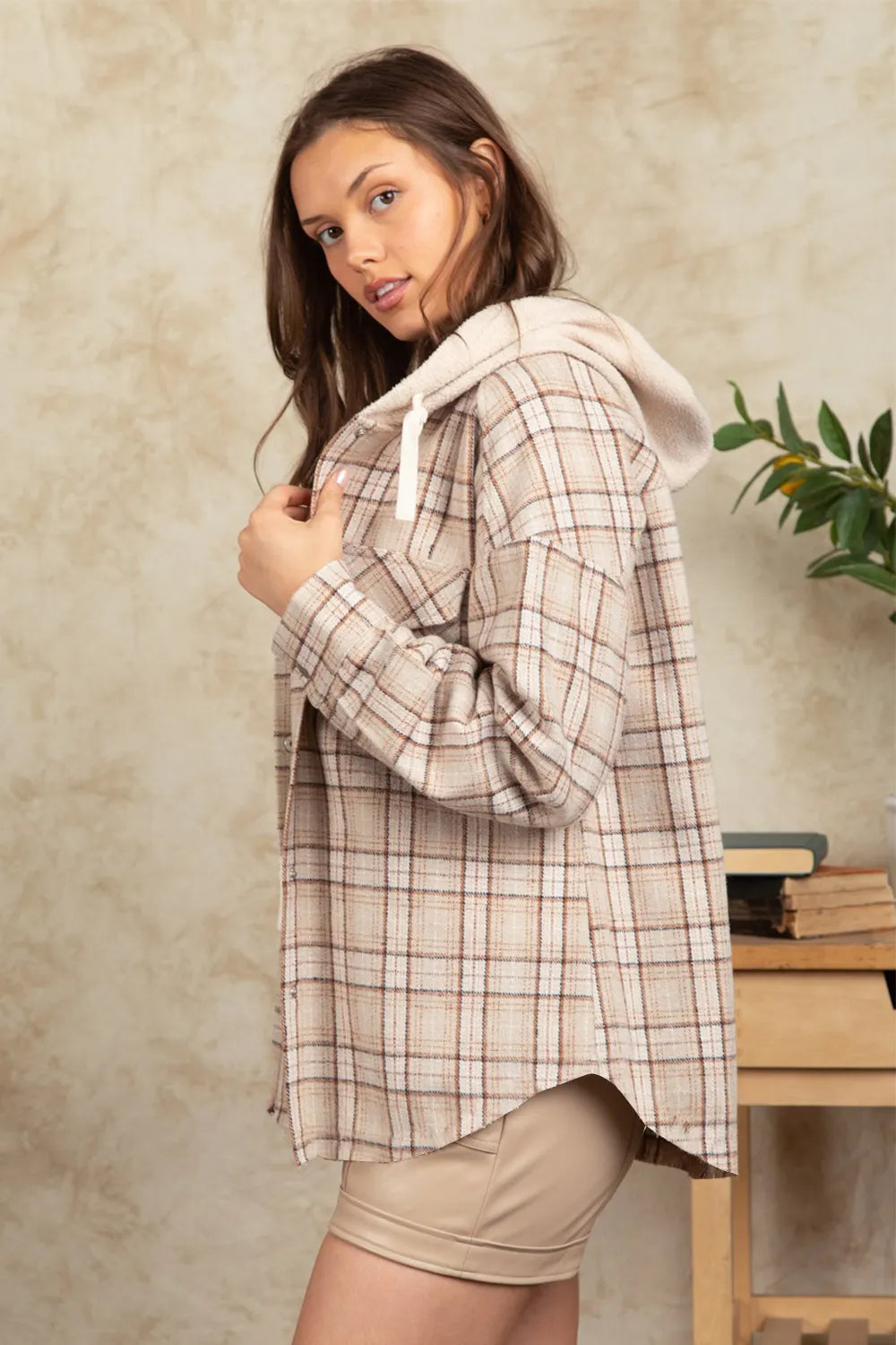 Drawstring Plaid Long Sleeve Hooded Jacket - Dust Storm
