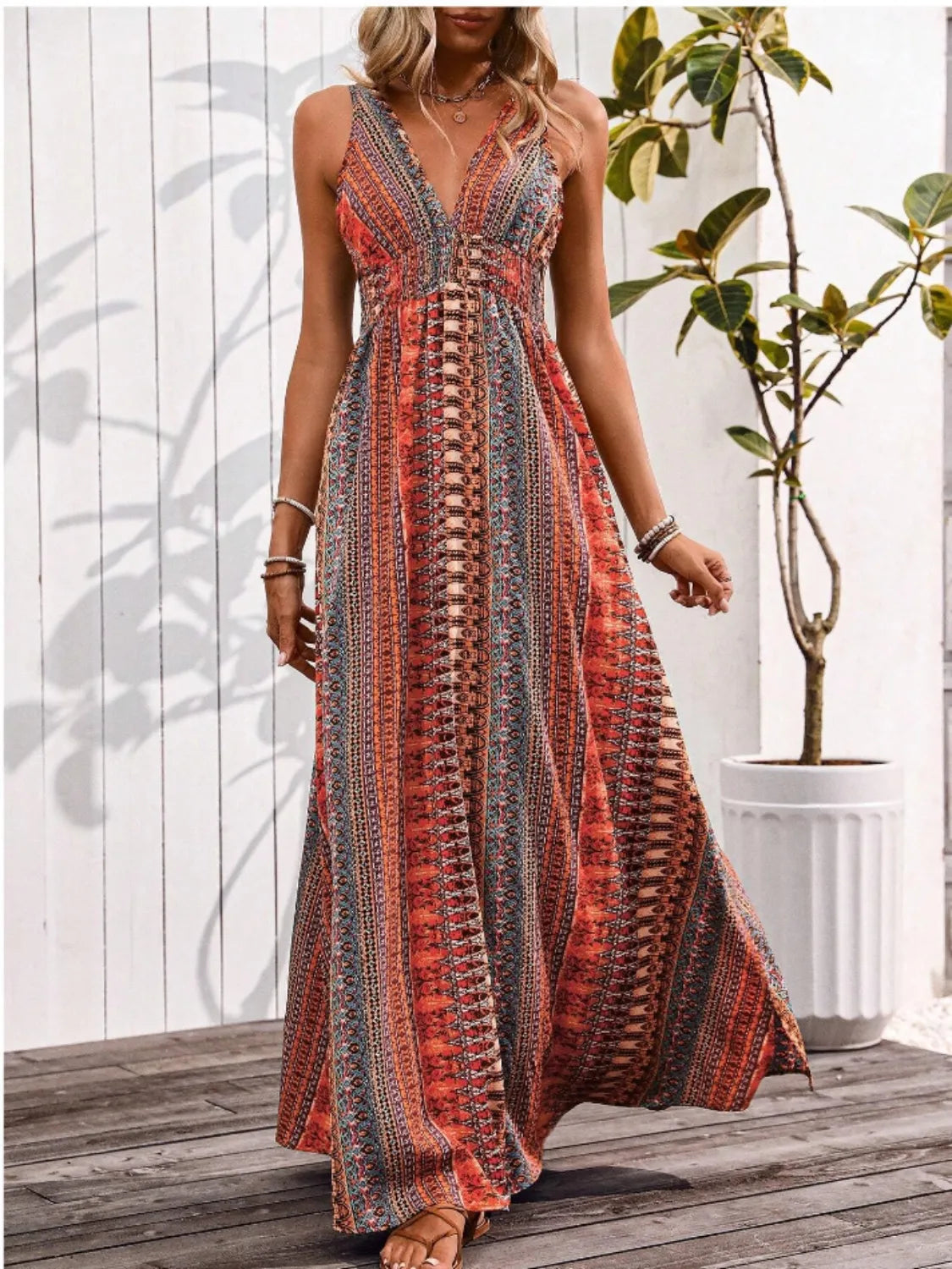 Tied Back Printed Sleeveless Maxi Slit Dress -