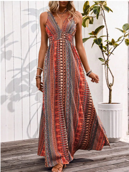 Tied Back Printed Sleeveless Maxi Slit Dress -