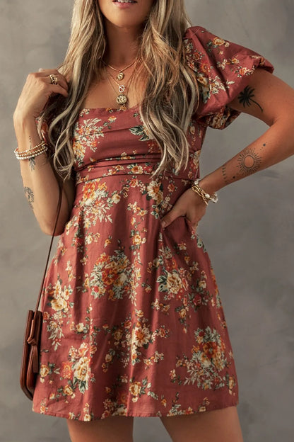 Floral Puff Sleeve Knot Open Back Mini Dress -