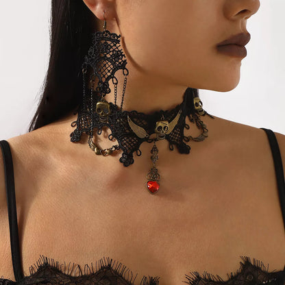 Lace Skull Necklace and Earrings Jewelry Set -