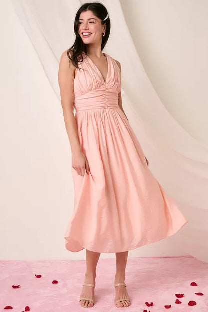Ruched V-Neck Sleeveless Midi Dress - Blush