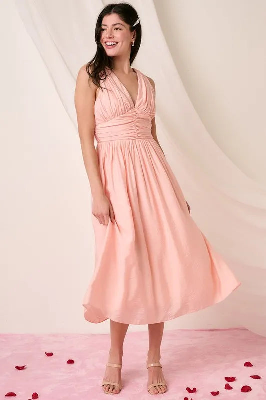 Ruched V-Neck Sleeveless Midi Dress - Blush