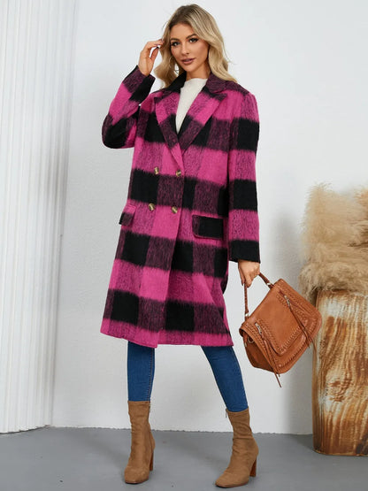 Plaid Double-Breasted Long Sleeve Coat - Hot Pink