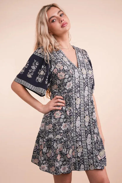 Shirring Detail Printed Woven Mini Dress -