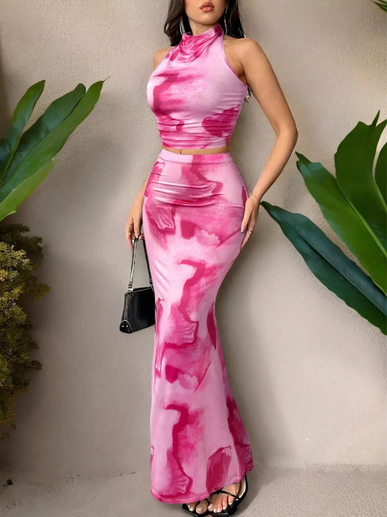 Tie-Dye Halter Top and Mermaid Skirt Set - Magenta
