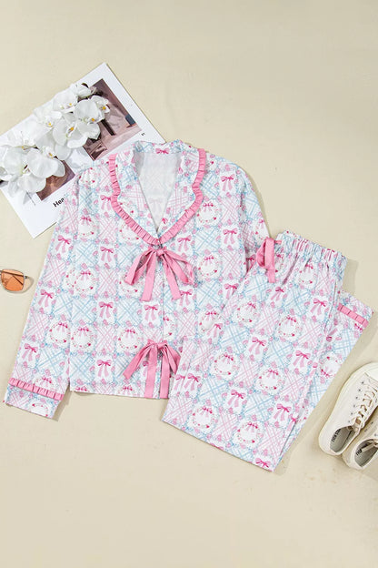 Wreath Pattern Tied Front Long Sleeve Pajama Set -