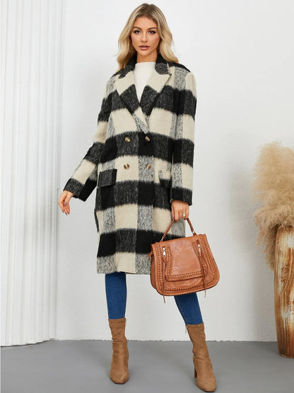 Plaid Double-Breasted Long Sleeve Coat - Black