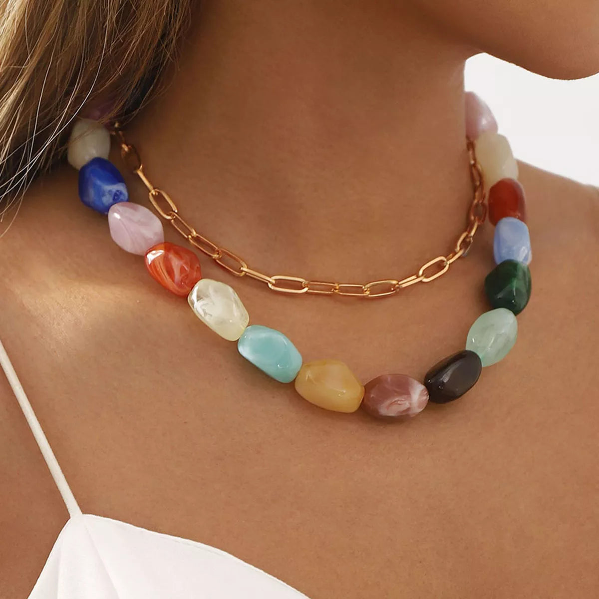 Colorful Beaded Chain Necklace - Multicolor One Size