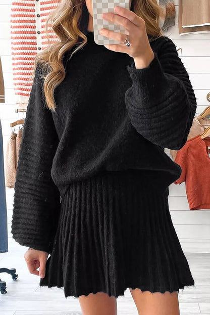 Round Neck Top and Skirt Sweater Set - Black