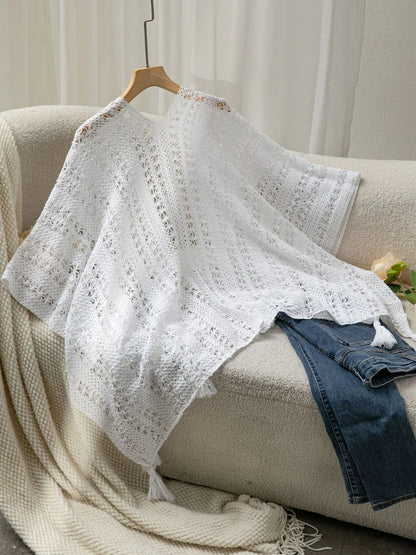 Openwork Tassel Open Front Knit Cover-Up - White One Size