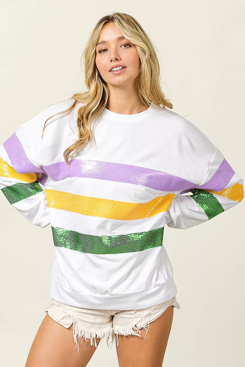 Sequin Mardi Gras Striped Round Neck Sweatshirt -