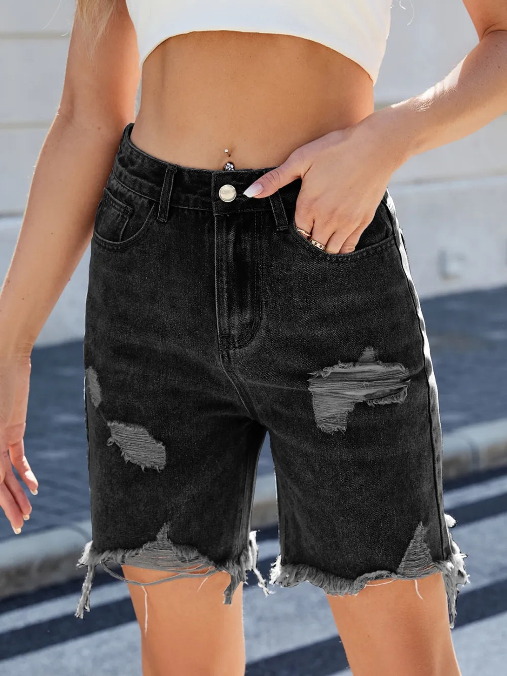 Distressed Raw Hem Denim Shorts - Black