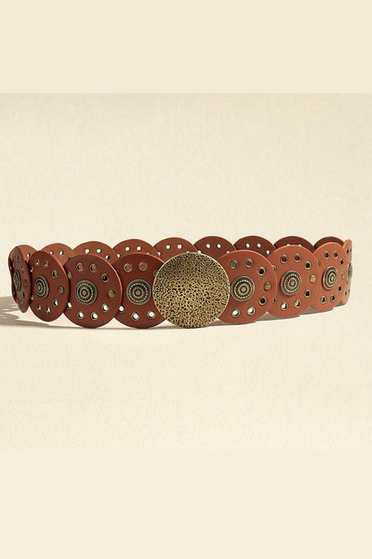 Round Shape PU Leather Belt - Brown Style B One Size