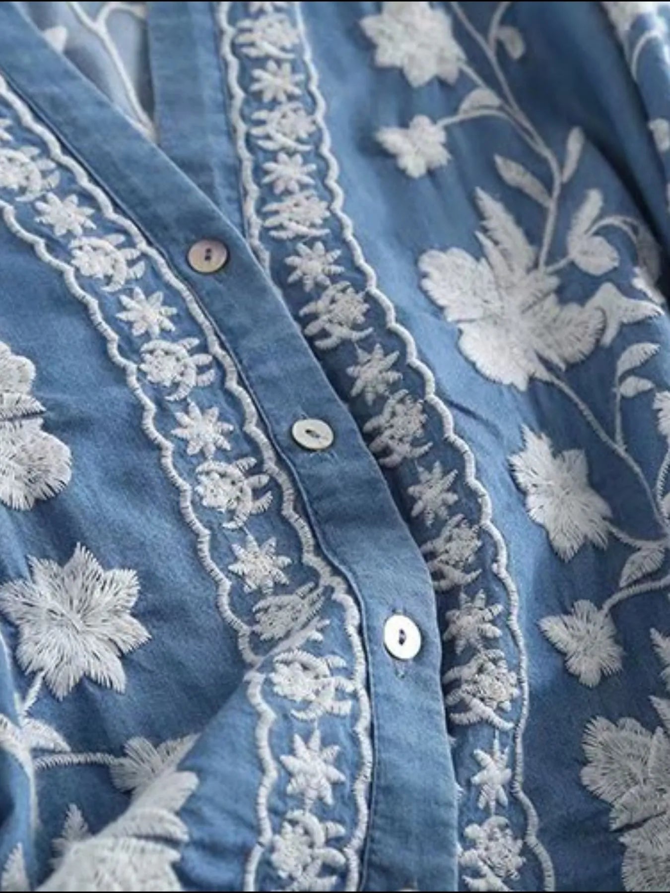 Floral Embroidered Button Up Denim Shirt -