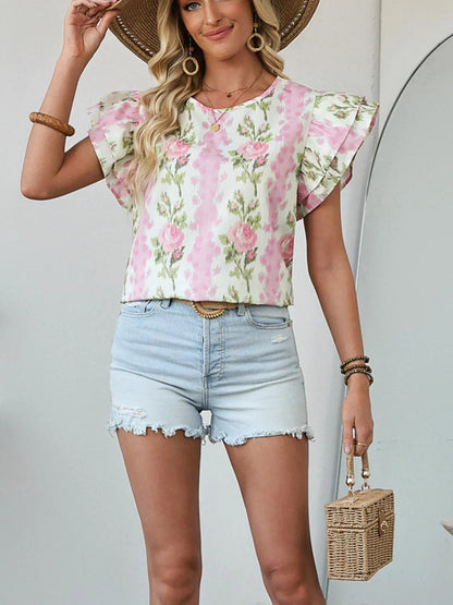 Floral Print Ruffled Sleeve Blouse -