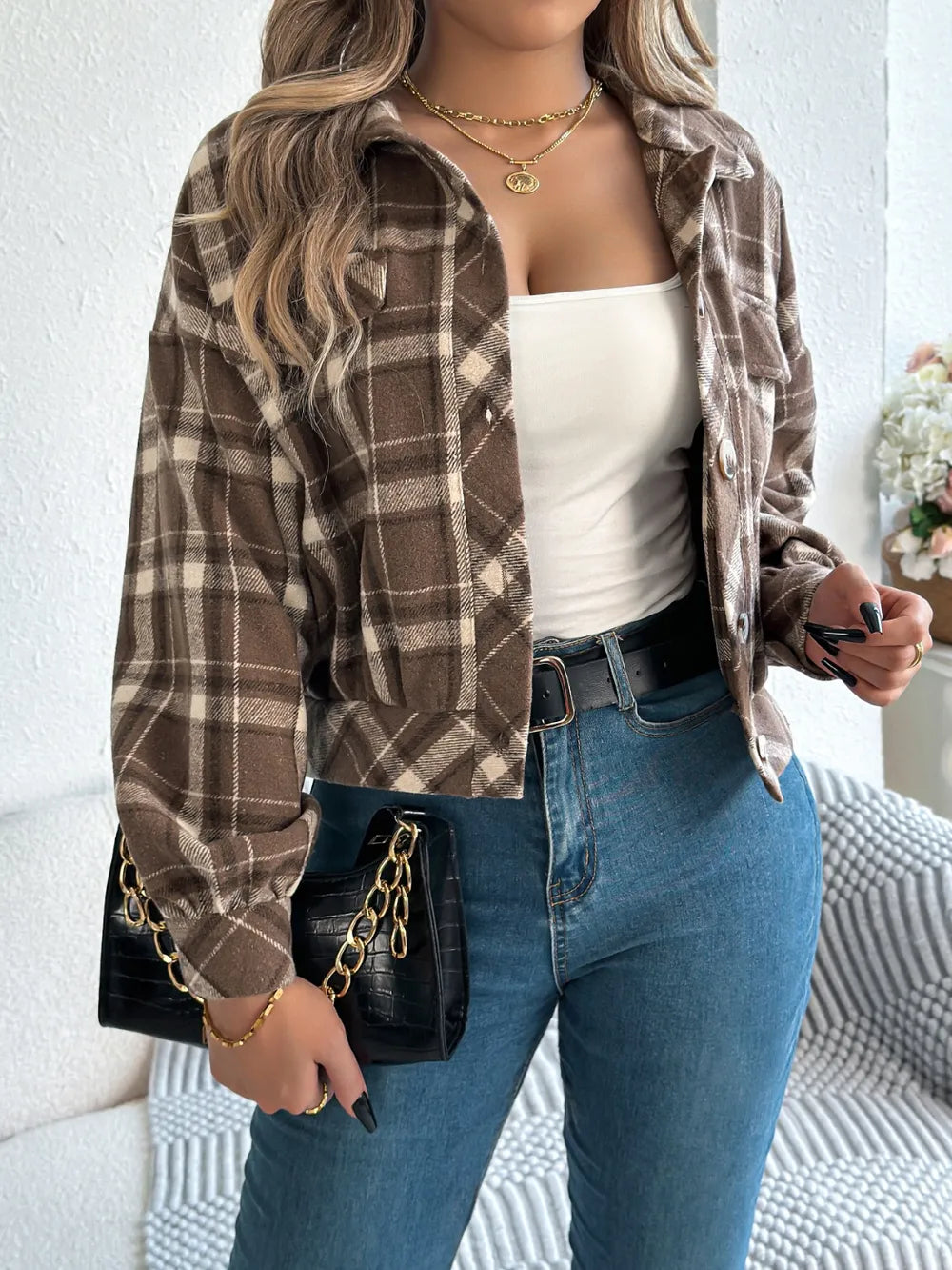 Plaid Button Up Long Sleeve Jacket - Taupe