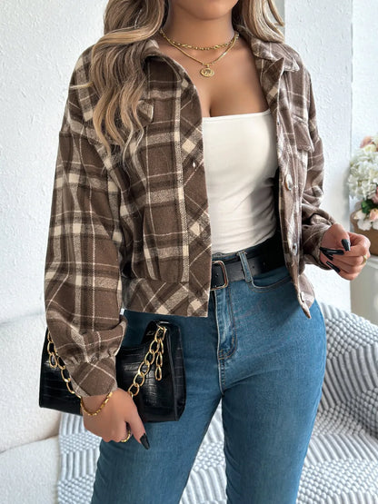 Plaid Button Up Long Sleeve Jacket - Taupe