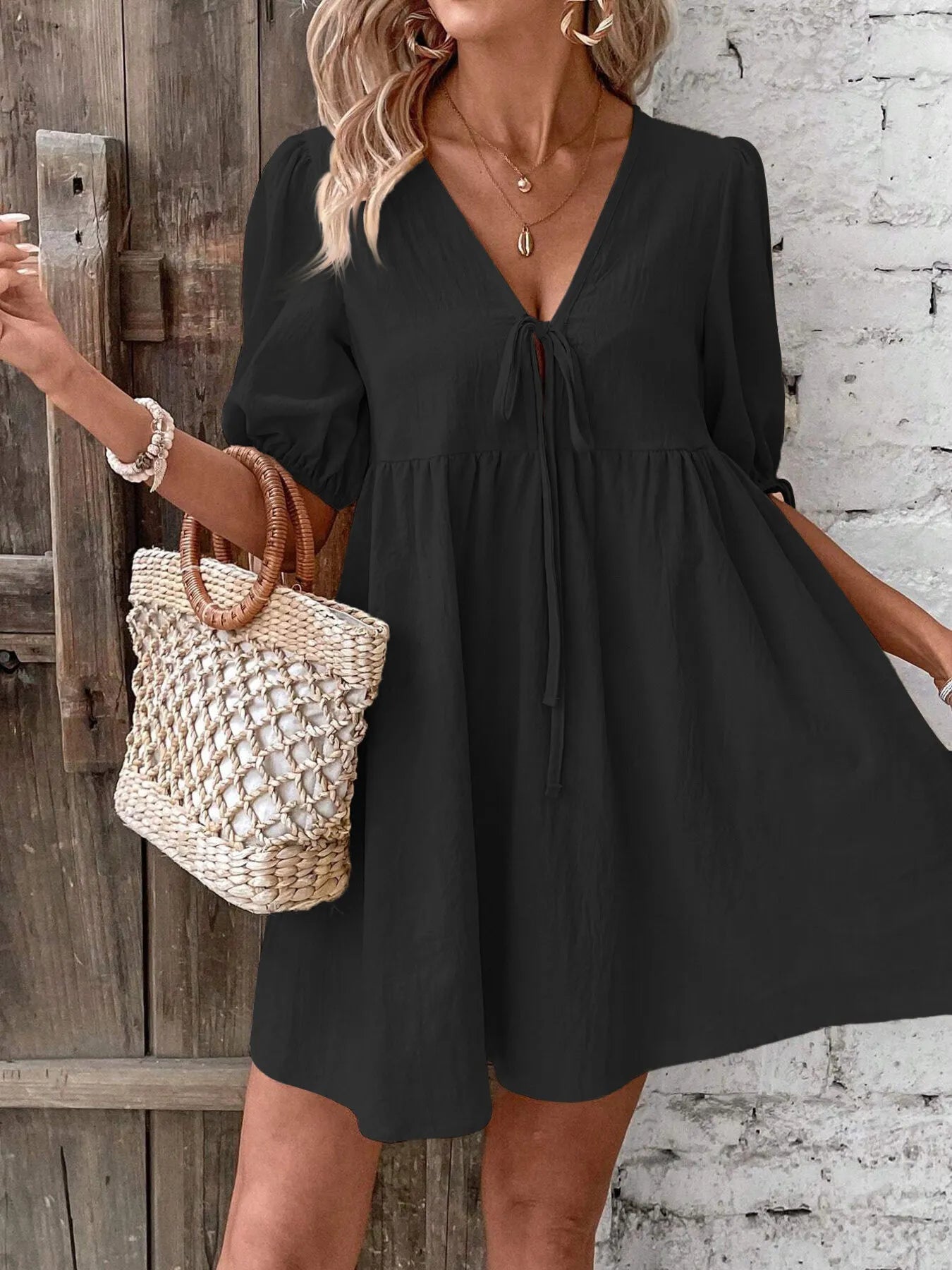 V-Neck Puff Sleeves Mini Dress - Black