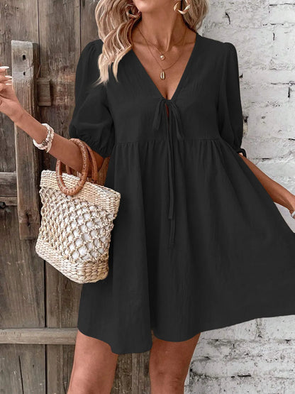 V-Neck Puff Sleeves Mini Dress - Black