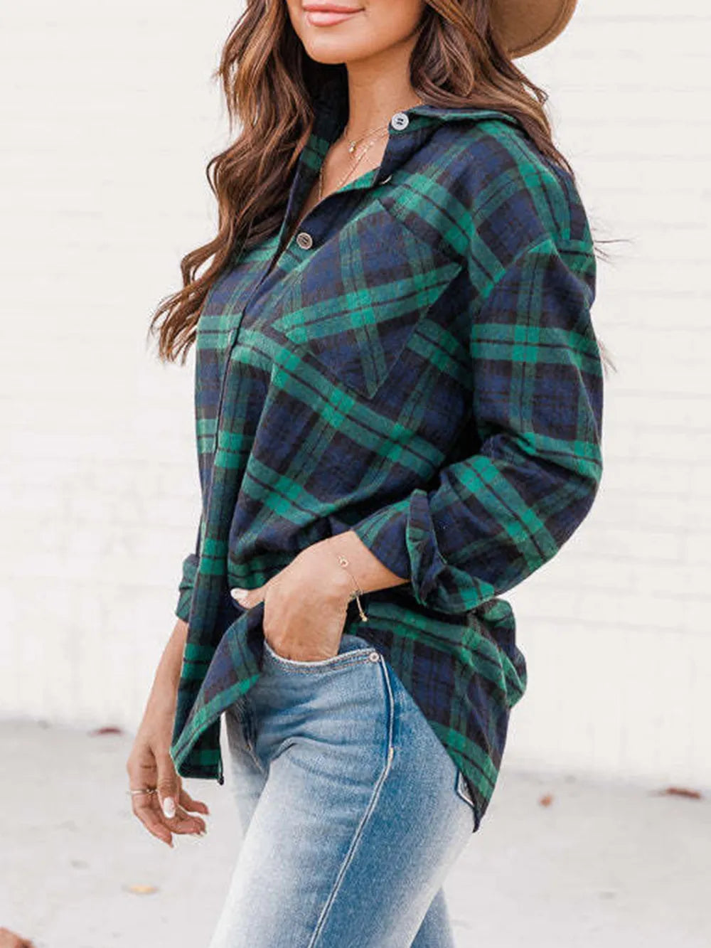 Plaid Collared Neck Long Sleeve Shirt - Deep Teal