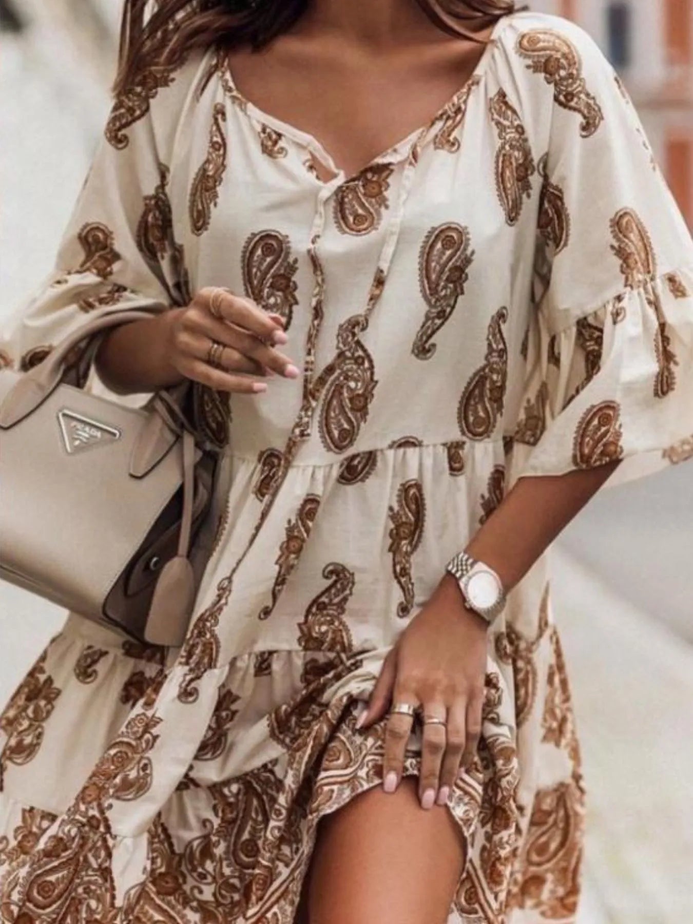 Paisley Print Tie Neck Half Sleeve Mini Dress -